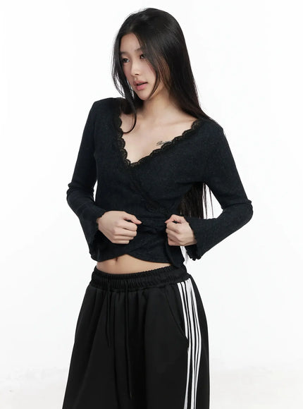 Lace Trim V-Neck Wrap Top IM506