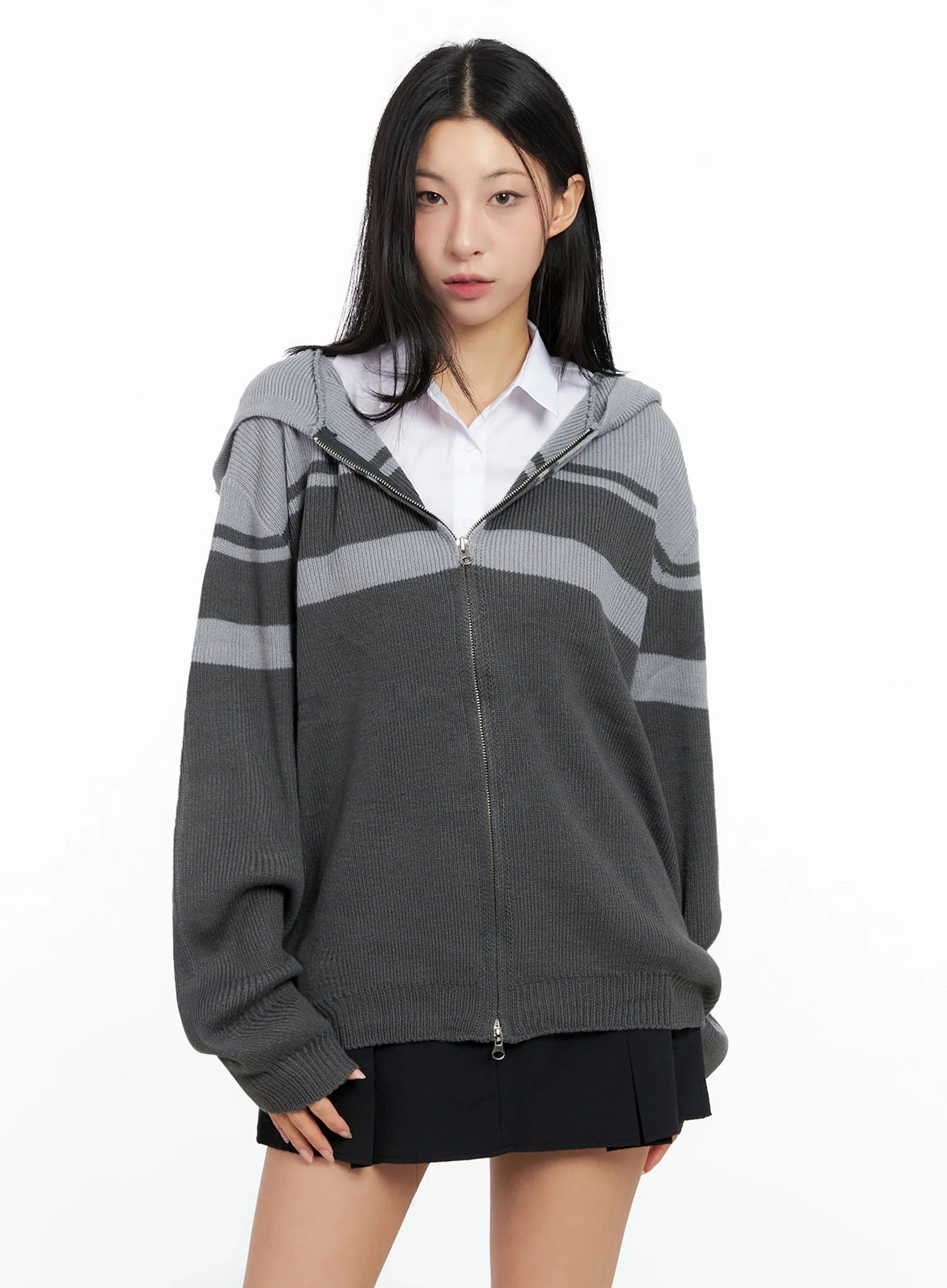 striped-oversized-zip-up-knit-hoodie-ig508 / Dark gray