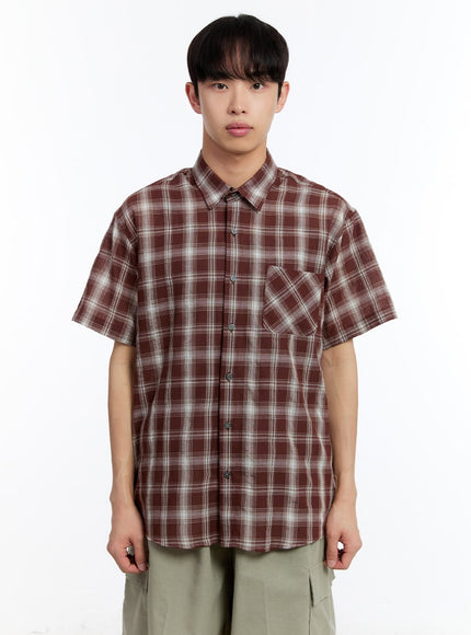 men-s-check-collared-short-sleeve-shirt-iy530 / Dark red