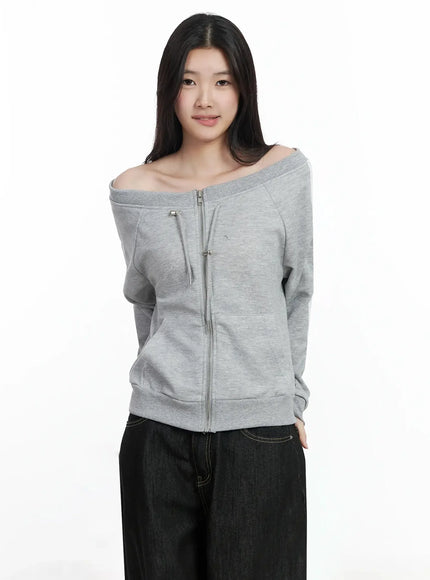 off-shoulder-track-zip-up-sweatshirt-im506 / Gray