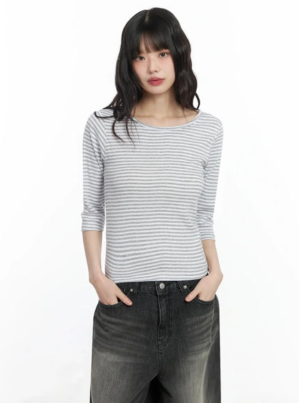 striped-3-4-sleeve-top-if505 / Gray