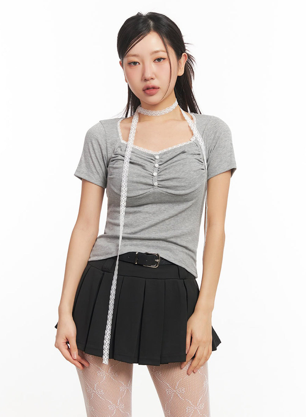 sweetheart-shirred-button-top-with-scarf-ia524 / Gray
