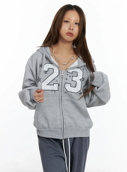 number-graphic-zip-up-hoodie-in528 / Gray