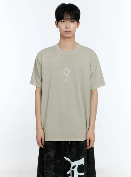 mens-vintage-blue-cross-graphic-t-shirt-il529 / Light beige