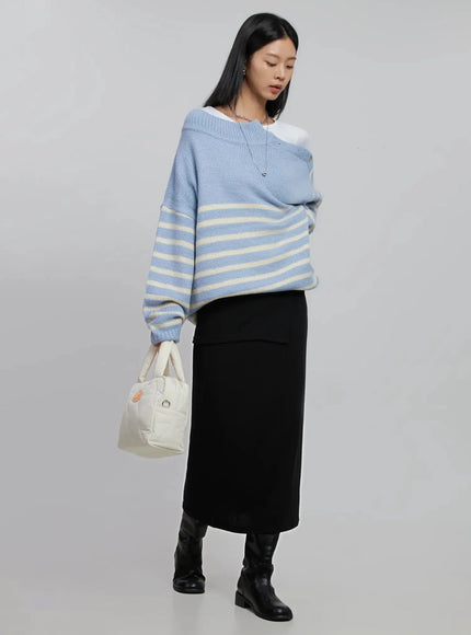 shoulder-cutout-striped-knit-sweater-id504 / Light blue