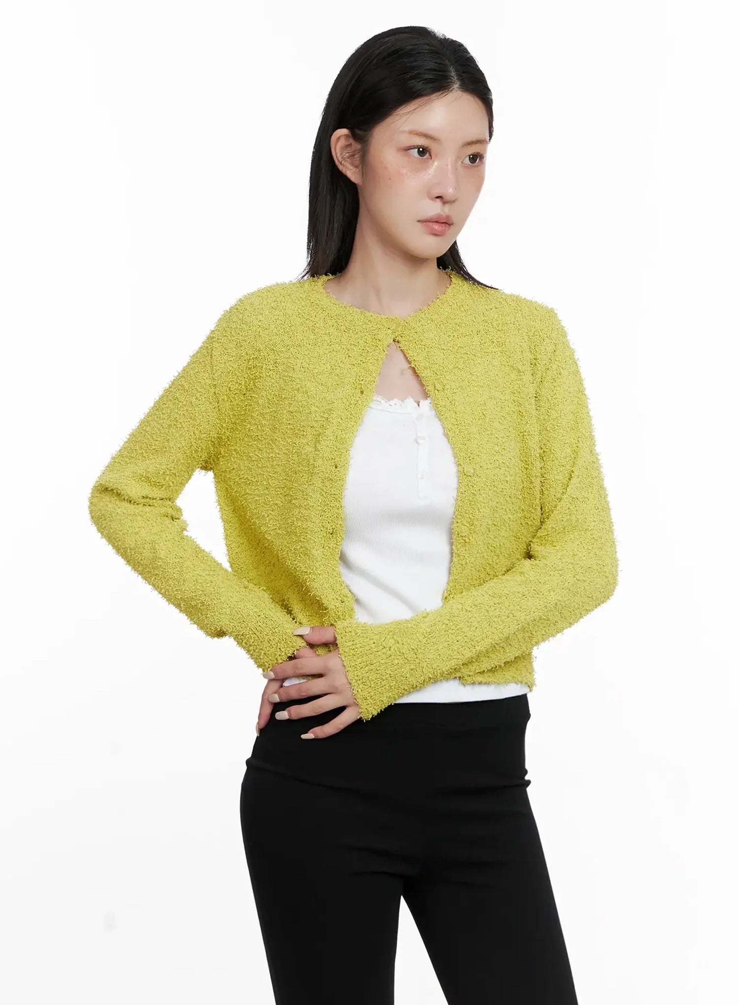textured-knit-cardigan-is508 / Light green