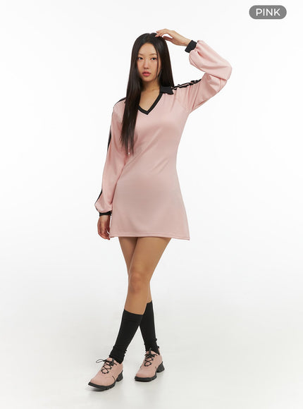 v-neck-collared-stripe-mini-dress-is402 / Pink