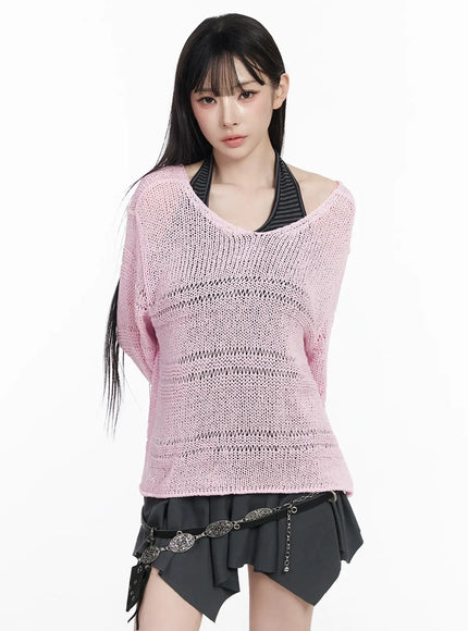versized-v-neck-knit-sweater-iy511 / Pink