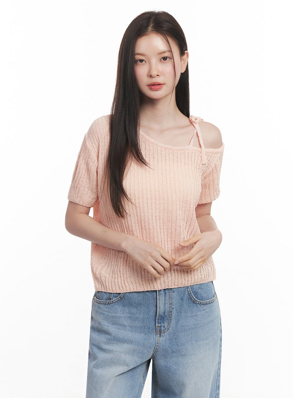 ribbon-one-shoulder-knit-crop-top-iy509 / Pink