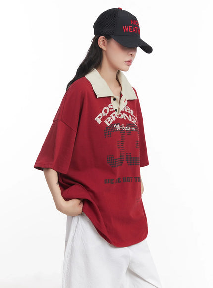 oversized-graphic-collared-shirt-ic503 / Red