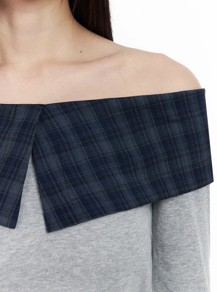 Plaid Off-Shoulder Long Sleeve Top IM523