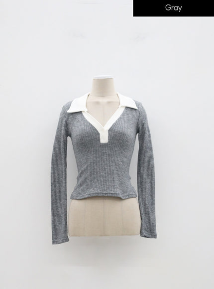 Ribbed Knit V-Neck Top IM323