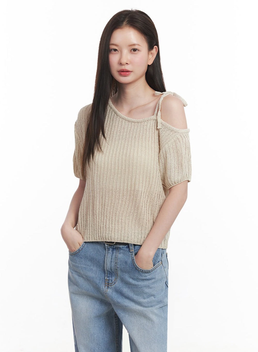 ribbon-one-shoulder-knit-crop-top-iy509 / Beige