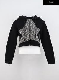 zip-up-star-graphic-crop-hoodie-in327 / Black