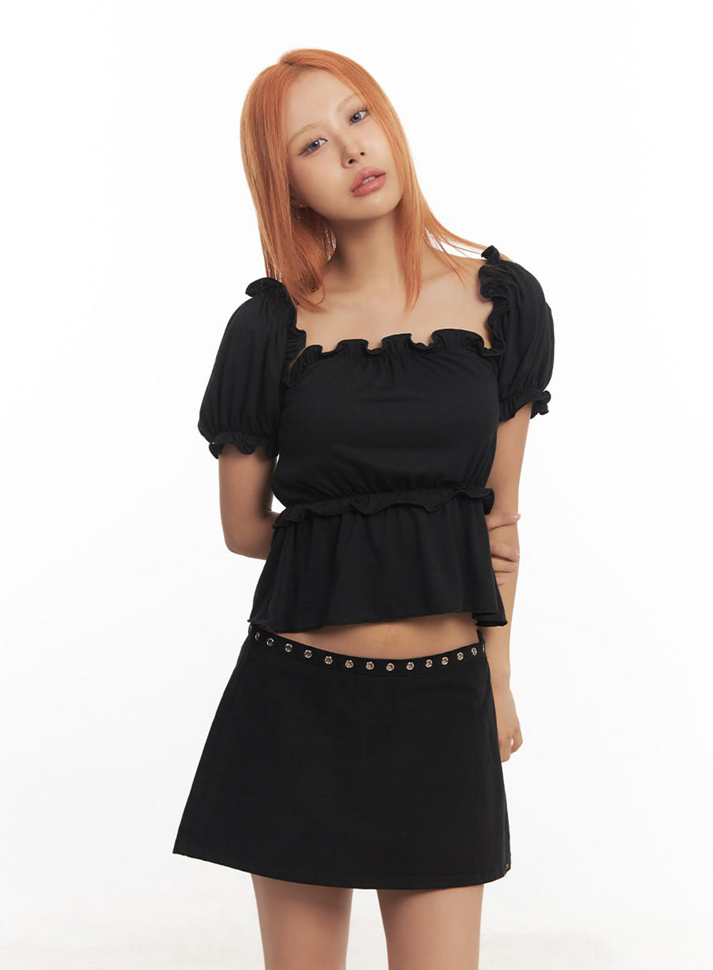 frill-off-shoulder-crop-blouse-top-ia517 / Black