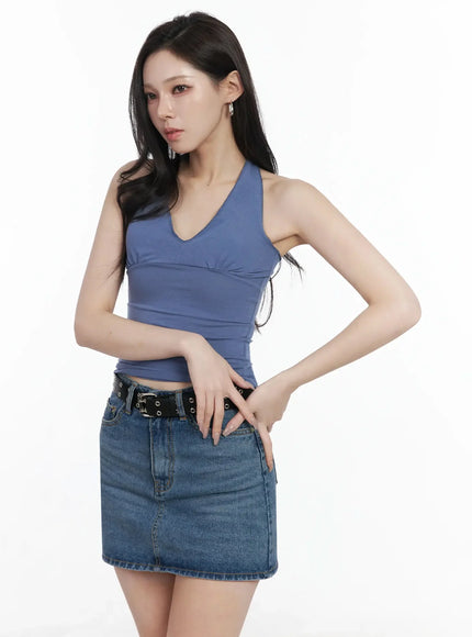 shirred-sleeveless-halter-neck-tank-top-ij528 / Blue