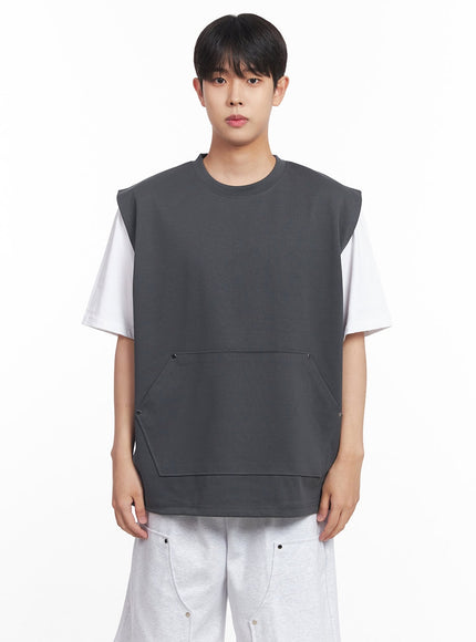 mens-loose-fit-cotton-pocketed-vest-iy522 / Dark gray