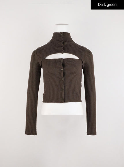 rib-solid-cut-buttoned-cardigan-id305 / Dark green