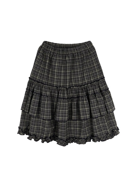 plaid-frill-tiered-midi-skirt-ia523 / Dark green