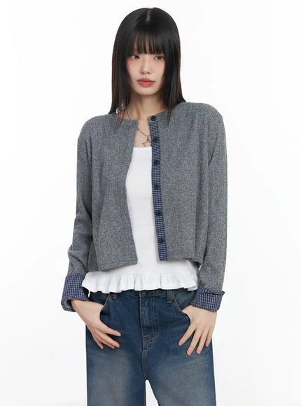 checkered-accent-fleece-cardigan-f517 / Gray