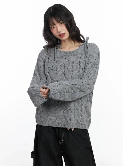 boat-neck-cable-knit-top-if505 / Gray