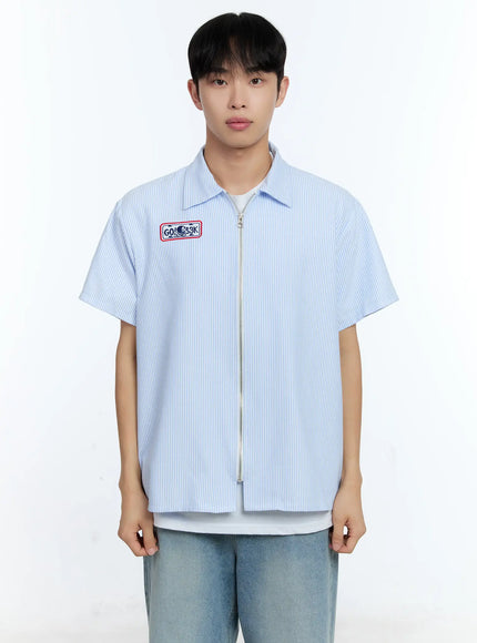 mens-pinstripe-short-sleeve-zip-shirt-ig519 / Light blue