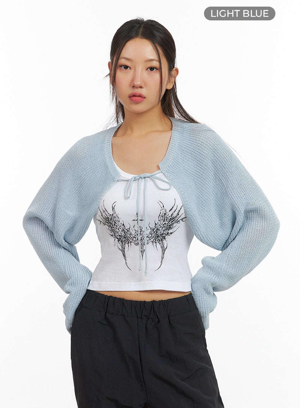 mesh-bolero-strap-cardigan-is402 / Light blue