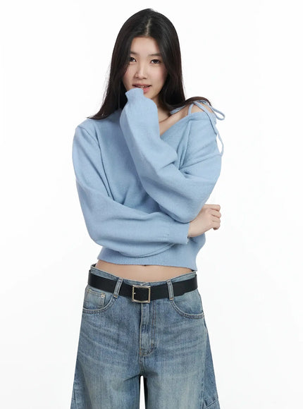 one-shoulder-tie-sweater-im504 / Light blue