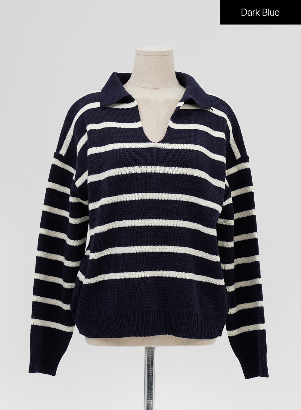 V-Neck Stripe Long Sleeve Knit with Collar IG24