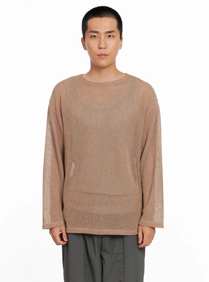 mens-sheer-knit-long-sleeve-is510 / Beige