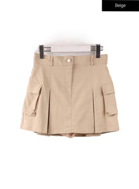 pleated-pocket-mini-skirt-if408 / Beige