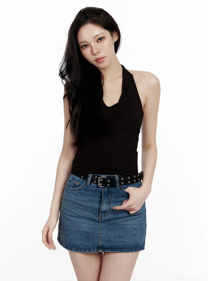 shirred-sleeveless-halter-neck-tank-top-ij528 / Black