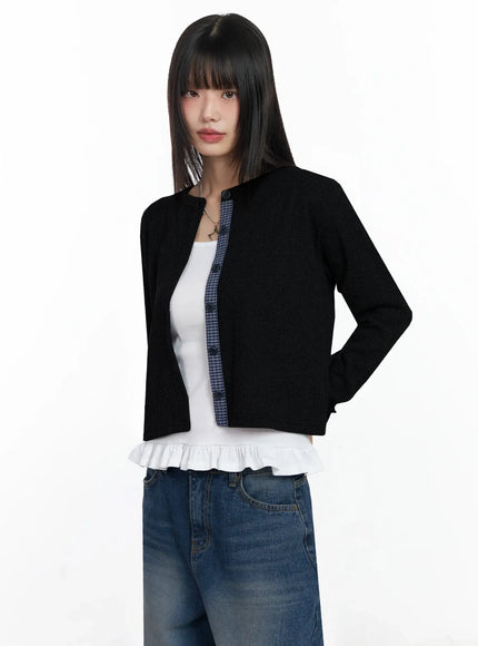 checkered-accent-fleece-cardigan-f517 / Black
