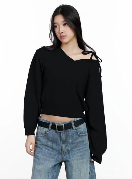 one-shoulder-tie-sweater-im504 / Black