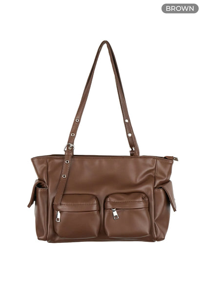 faux-leather-pocketed-shoulder-bag-is402 / Brown