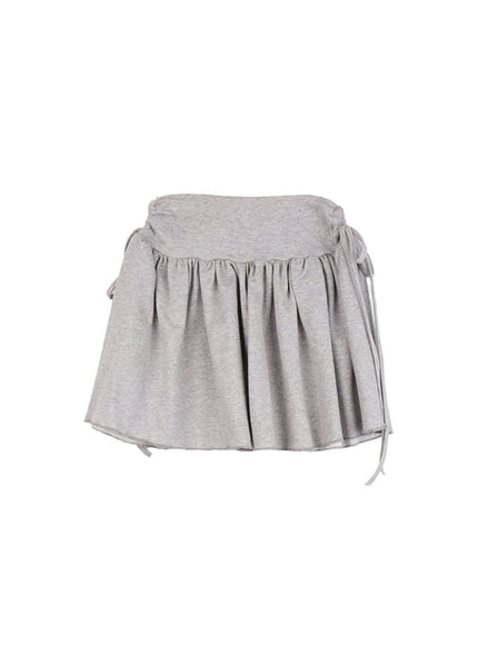 ribbon-tie-shirred-mini-skirt-if505 / Gray