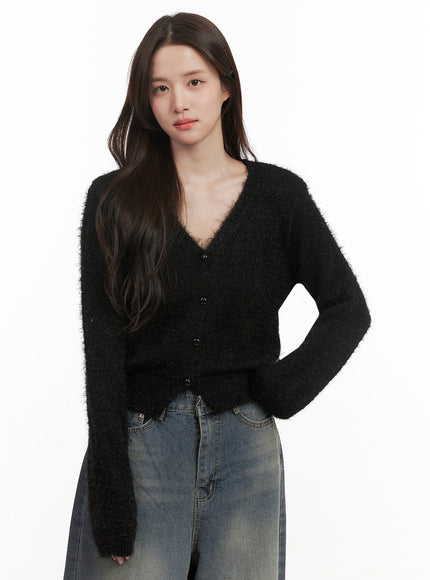 Fuzzy V-Neck Buttoned Crop Cardigan IJ510