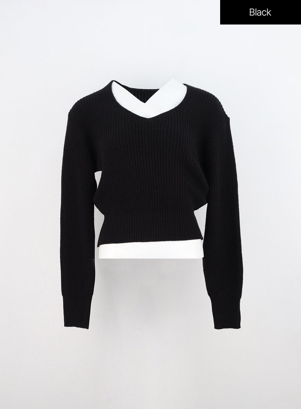 ribbed-v-neck-knit-top-in310 / Black