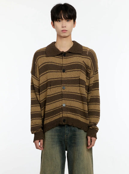 Men's Striped Distressed Collared Cardigan IN503