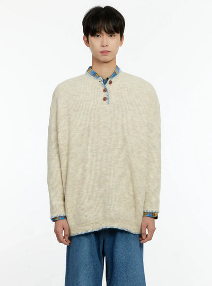 Men's Henley Contrast Stitch Sweater IN503