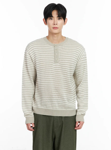 mens-striped-henley-knit-sweater-im518 / Beige