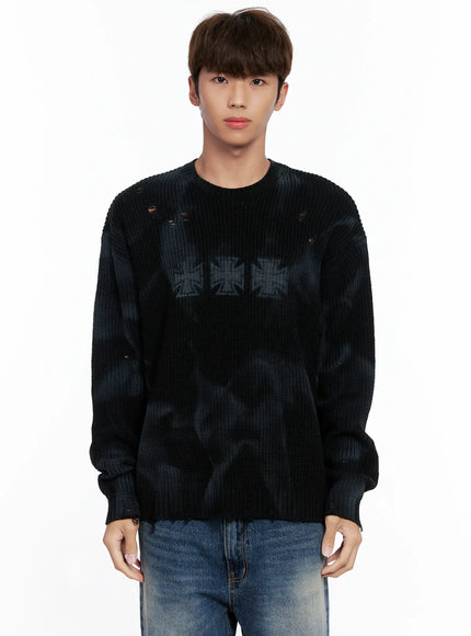 mens-distressed-knit-sweater-io502 / Black