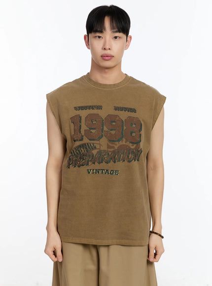 mens-vintage-graphic-sleeveless-tee-ia507 / Dark beige