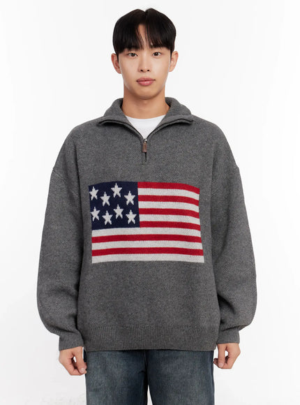 mens-flag-graphic-half-zip-sweater-io528 / Gray