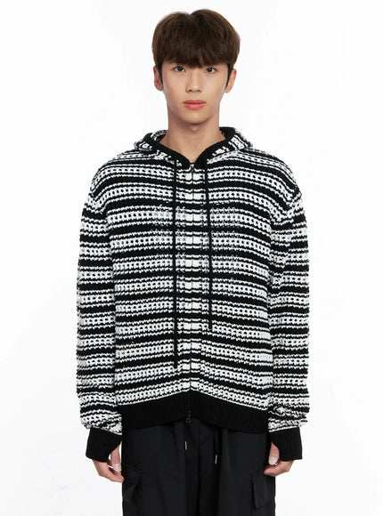 mens-striped-textured-double-zip-up-hoodie-io506 / Black
