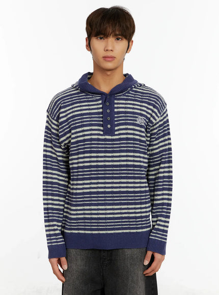 mens-striped-henley-knit-hoodie-id524 / Blue