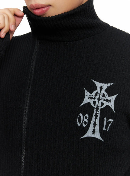 Cross Print High Neck Zip-Up Cardigan ID515