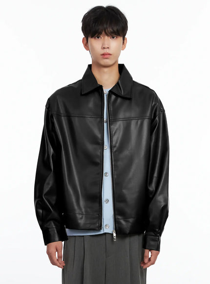 mens-classis-faux-leather-zip-up-jacket-is519 / Black