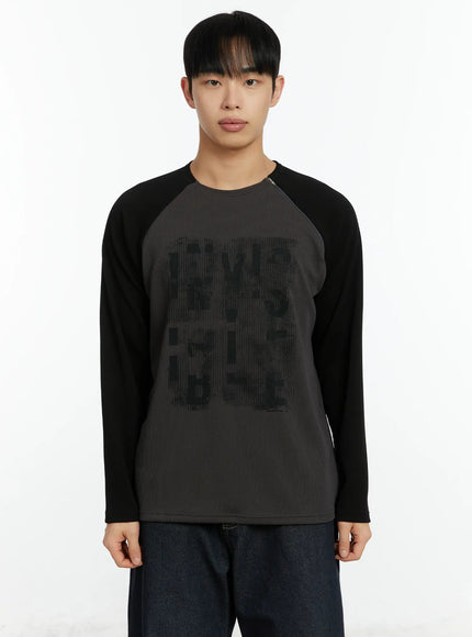 mens-graphic-print-ribbed-long-sleeve-top-if510 / Black