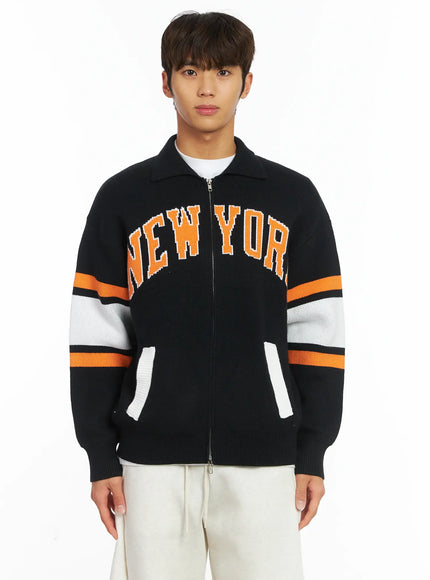 mens-new-york-collar-zip-up-cardigan-ij514 / Black